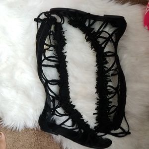 Sugar Black Suede fringed back zip sandal No Damgs